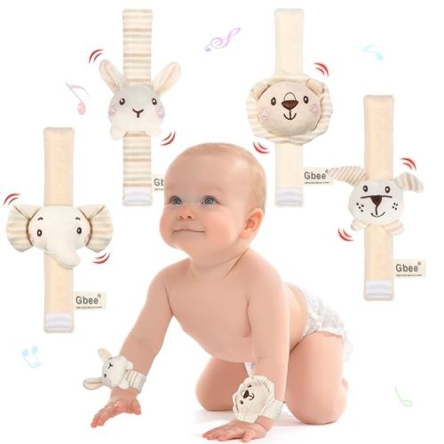 4 Pieces Baby Wrist Rattles Animal Cotton,Rabbit Dog Lion Elephant