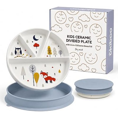 8" Divided Ceramic Toddler Plate, Silicone Lid & Non-Slip Base, Sky Mist