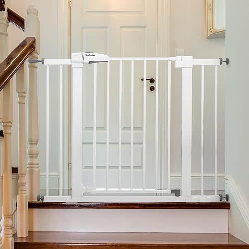 Babelio Metal Baby Gate, 29-43" Auto Close Easy Install Pet Gate PressGuard P7, Extra Wide Walk Thru Child Safety Gate, 30" Tall Pressure Mounted Dog Gate for Doorways & Stairs, White