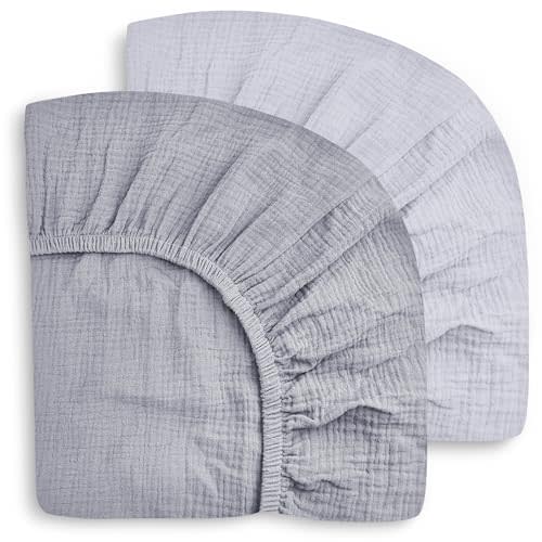 SWEET DOLPHIN 2-Pack Muslin Crib Sheets for Boys & Girls, Ultra Soft Breathable 40S Long-Staple Cotton Fitted Baby Sheets for Standard Crib Mattress 52"x28", Slate and Grey- Nursery Essentials