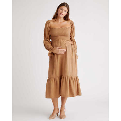 Organic Cotton Gauze Maternity Smocked Ruffle Hem Midi Dress