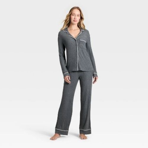 Women's Cozy Ribbed Notch Collar Long Sleeve Shirt and Pants Pajama Set - Auden™