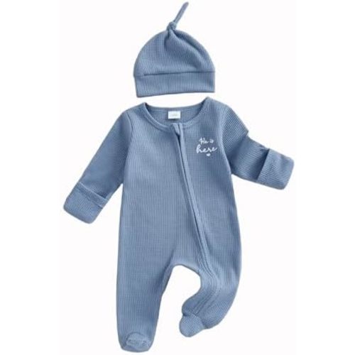 Newborn Baby Boy Outfits Letter Embroidery Footed Jumpsuit Zipper Romper And Hat Cute Spring Baby Coming Home Outfit