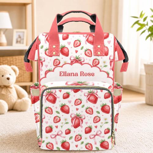 Custom Strawberry Watercolor Diaper Backpack: Personalized Large Capacity Toddler Bag For New Parent