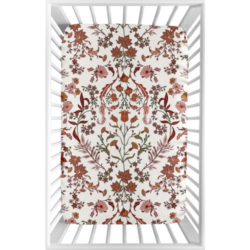 Sweet Jojo Designs Boho Floral Wildflower Rust Orange Ivory Off White Mini Fitted Crib Sheet