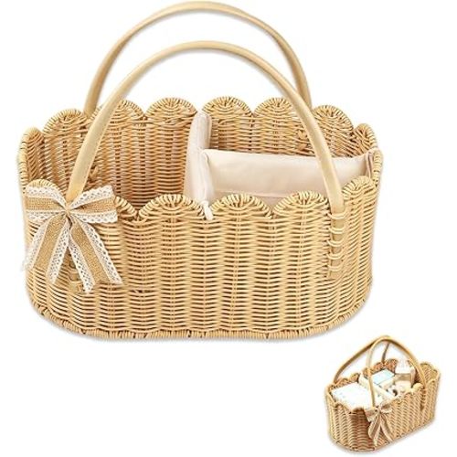 1pcs Premium Scalloped Rattan Baby Diaper Caddy Organizer 13.9 * 8 in- Handwoven Wicker Nursery Storage Basket with Removable Divider & Gift Bow - Boho Baby Registry Must Haves, (Khaki 1)