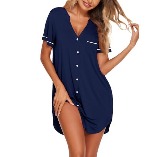 Ekouaer Nightgowns for Women Button Down Night Gowns Short Sleeve Sleep Shirt V Neck Nightshirt Soft Sleepwear Pajams Dress
