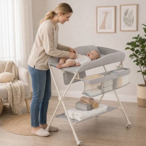 Foldable Baby Changing Table with Water Basin Wheels and Storage Shelves, Gray