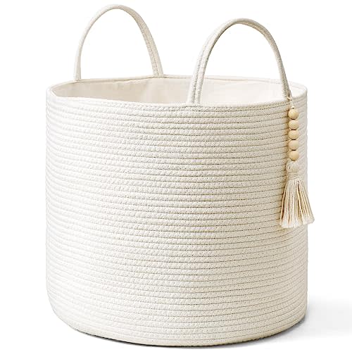 Mkono Woven Storage Basket Decorative Natural Rope Basket Wooden Bead Decoration for Blankets,Toys,Clothes,Shoes,Plant Organizer Bin with Handles Living Room Home Decor, White, 16" W × 13.8" L