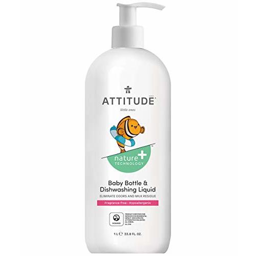 ATTITUDE Baby Dish Soap, Plant-Based Dish Liquid, Extra Gentle on Sensitive Skin, Tough on Milk Residue & Grease on Bottles, Fragrance Free, 33.8 Fl Oz
