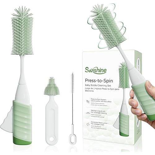 Baby Bottle Brush Set, Innovative Efficient Press-to-Spin Brush Cleaner - Includes Silicone Bottle Brush, Nipple Brush, Straw Cleaner - Spinning Generates Rich Foam for Deep Cleaning, Green