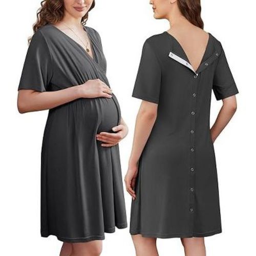 Ekouaer Labor and Delivery Gown for Hospital Short Sleeve Maternity Nursing Dress Nightgown with Button Dark Grey S