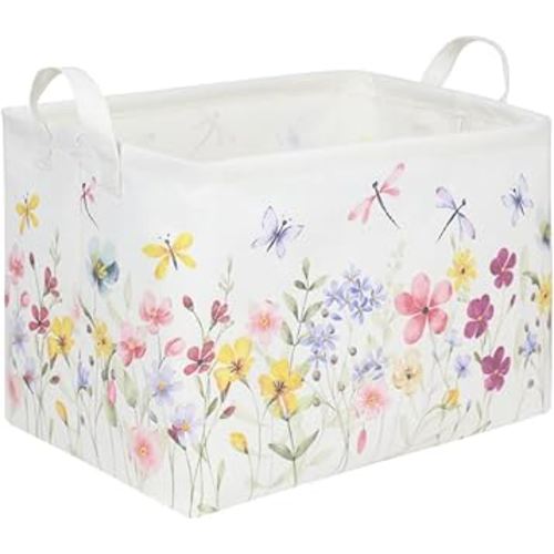 Boho Flower Nursery Basket,Waterproof collapsible storage box,Fall Wildflower Floral Dandelion Storage Bin,Plant Butterfly baby girl gift basket,Girls Bedroom Boho Flower Decor(Dandelion)