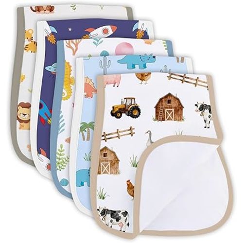 Burp Cloths Organic Cotton 5 Pack, Animal Baby Burp Cloths Boy Girl, Absorbent Baby Burping Cloth, Soft Burping Cloth Set for Feeding, New Mom Gifts for Newborns Essentials Gift Set, 19”x9”