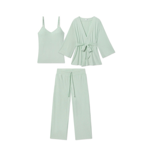 LAKE | Women | DreamModal™ Pajamas | Parisian Green Pencil Stripe Maternity Kimono Bundle