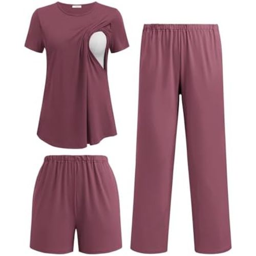 Ekouaer 3 Piece Maternity Pajamas Set Postpartum Nursing Short Sleeve Breastfeeding Sleepwear Pregnancy Shorts & Pants Pjs