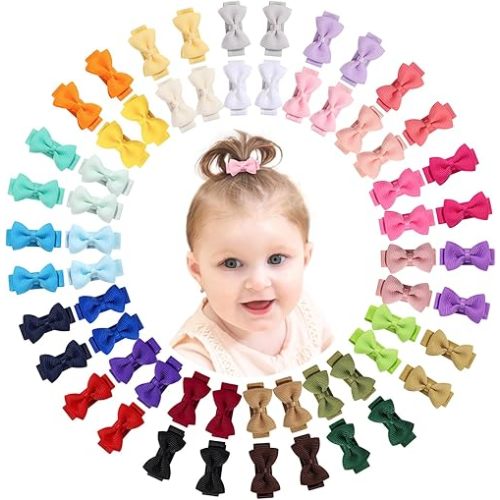 Mini Fully Lined Grosgrain Ribbon Hair Bows Clips for Girls - 1.2" Tiny Bows for Fine Infant Hair, 60PCS (30 Colors in Pairs)