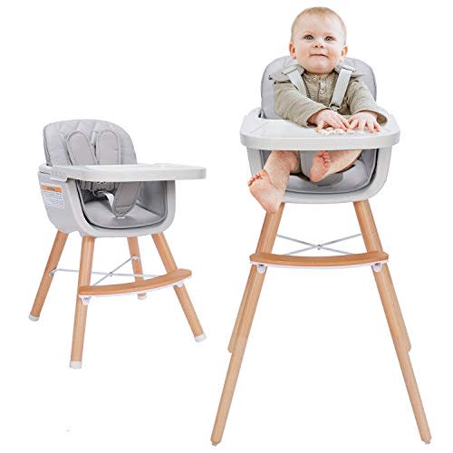 Mallify 3-in-1 Wooden High Chair, Convertible High Chairs for Babies and Toddlers, Baby Highchair with Adjustable Legs & Dishwasher-Safe Tray, Sleek Hardwood & Premium PU Cushion, Gray
