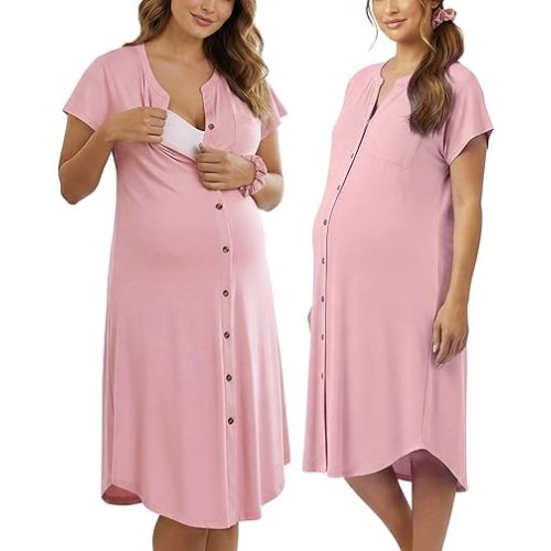 PATPAT Maternity Midi Dress, Button-Down Nursing Dress with Pockets for Baby Shower, Pregnancy & Postpartum