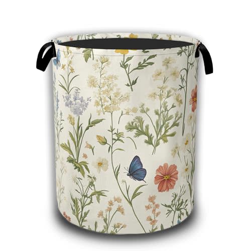 Herbs Wild Flowers Laundry Baskets,Vintage Floral Laundry Hamper,Storage Basket with Handles for Bathroom Bedroom College Dormitory Living Room Nursery Organizer 16"x20.8"