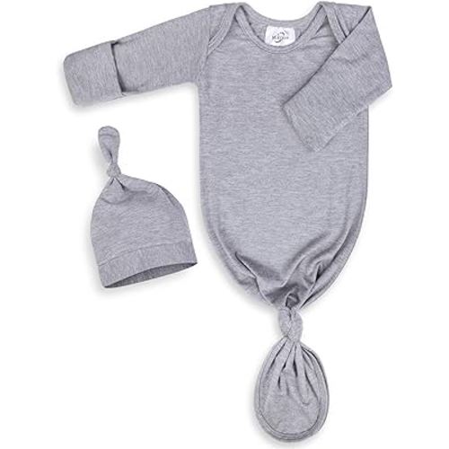 Newborn Knotted Baby Gown 0-6 Months, Super Soft Breathable Nightgowns for Babies Girl and Boy, Baby Girls Coming Home Hospital Outfit with Hat Set Grey