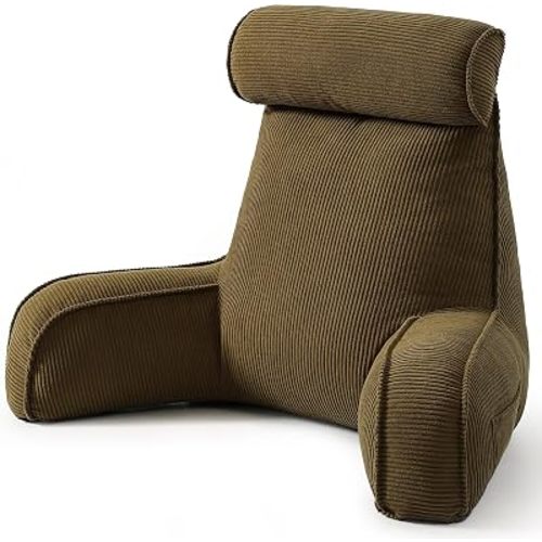 Bed Rest Reading Pillow with Arms & Detachable Headrest, Corduroy Backrest Cushion with Side Pockets & Washable Cover, Support Pillow for Sitting Up in Bed & Sofa Relaxing, Martini Olive