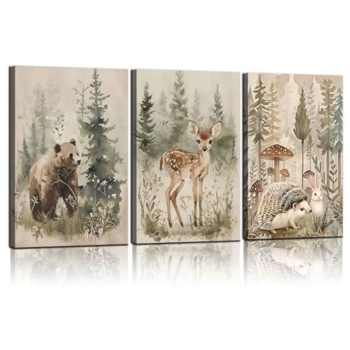 3 Pcs Woodland Animal Nursery Canvas wall art Wild Animals Forest Pictures Wall Decor Paintings hedgehog Bear Deer Watercolor Poster Prints for Boys Girls Room Home Artwork Decoration12inx16in canvas