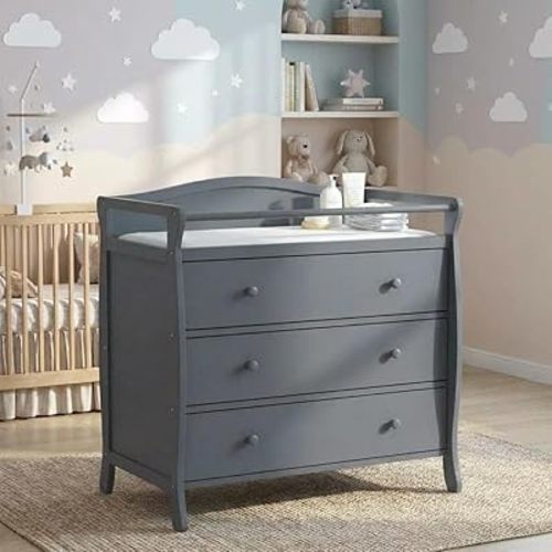 3-Drawer Baby Changing Table with Changing Pad, Safety Rails & Strap - Convertible Solid Wood Nursery Dresser & Storage Organizer, Infant Diaper Station, Easy Assembly, Grey