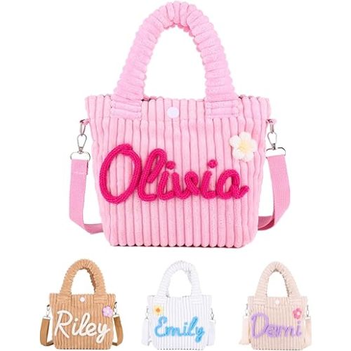 Personalized Embroidered Girls Lunch Bag with Name, Custom Toys Snack Candy Corduroy Totes for Picnic Camp Travel (Multicolor)