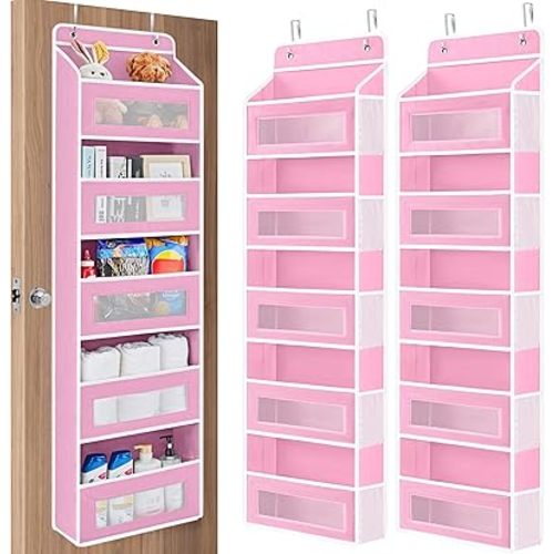 JARLINK 2 Pack Over The Door Organizer Storage, 5 Shelf Hanging Door Organizer with 5 Large Capacity Pockets, Anti Tilt 44 lb Load Behind Door Storage for Bedroom, Bathroom, Pantry, Nursery, (Pink)