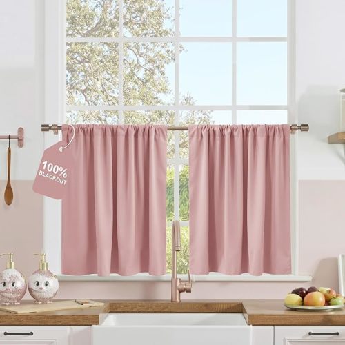NICETOWN Pink Kitchen Curtains for Girls Room, Rod Pocket 100% Blackout Short Window Treatments Thermal Drapes Romantic for Cafe, W42 x L36, 2 Panels