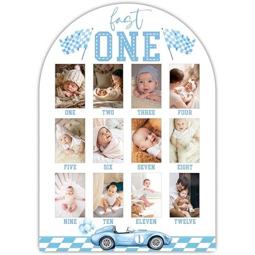 Blue Fast One My First Year Photo Board, Racing Car Baby Milestone Signs for Boys Girls Nursery Decor, 12 Month Wooden Picture Board for 2x3 Photos, Best Babies Keepsake Gifts-B01