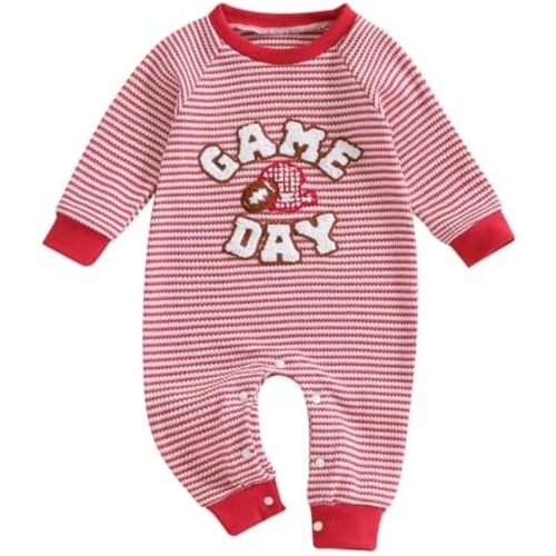 Karuedoo Newborn Baby Boy Girl Football Outfit Rugby Embroidery Stripe Romper Waffle Knit Long Sleeve Jumpsuit Fall Clothes