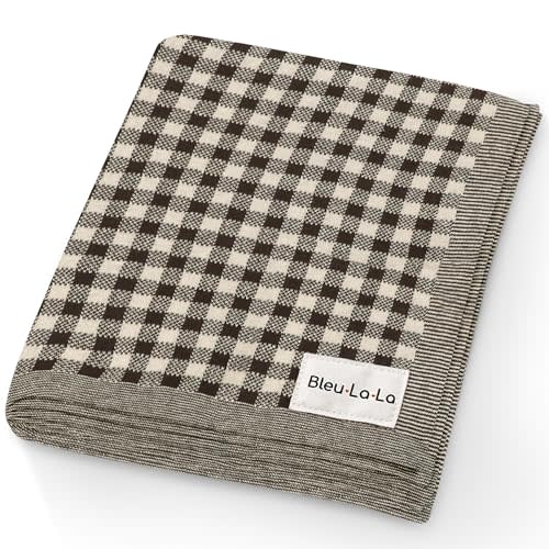 Bleu La La Checkered Baby Blanket for Baby Boys & Girls - 100% Soft Fine Cotton Quilt Receiving Swaddle Crib Stroller Nursery Bed Blanket Unisex Gender Neutral for Newborns Toddlers (Plaid - Mocha)