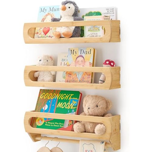 Bamboo Nursery Book Shelves, Fully Assembled For Easy Use - Set of 3 Floating Shelves for Wall Kids, Wall Mounted Book Shelves For Kids Room, Baby Room, Toddler Room, Nursery Decor, 16.5 Inch Natural
