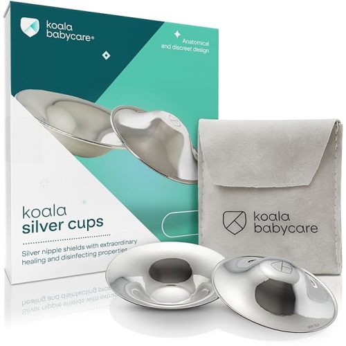 Koala Babycare The Original Silver Nursing Cups - Nipple Shields for Breastfeeding Newborn - Breastfeeding Essentials - Protect and Soothe - Tri-Laminate Silver - Standard Size