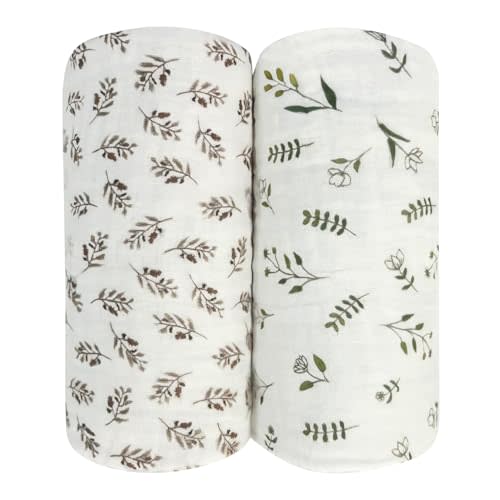Ultra Soft Muslin Baby Blanket Pack of 2 Cotton Swaddles Bed Blankets Super Soft Lightweight for Babies and Toddlers Boys Newborn 42 x 42 inches Floral (Green and Coffee)
