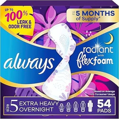 Always Radiant Feminine Pads for Women, Flexfoam Pads with Wings, Size 5, Extra Heavy Overnight Absorbency, Lightly Scented, 54 Count (3 Packs of 18)