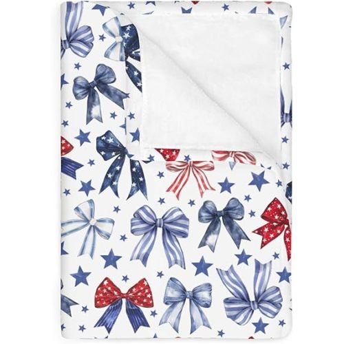 Red White & Blue Bows Baby Blankets for Girl Patriotic Ribbons Stars Soft Flannel Nursery Bed Blanket for Infant Toddler Crib Stroller Cute 4th of July Party Swaddle Receiving Blanket 30x40inch