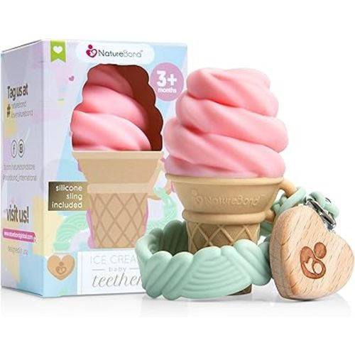 NatureBond Teething Toys Baby Gift - BPA Free Ice Cream Baby Teethers for Babies 0-12 months, Baby Shower Gifts, Gift Box with Silicone Pacifier Sling (Strawberry Pink)