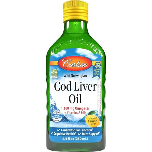 Carlson - Cod Liver Oil, 1100 mg Omega-3s, Liquid Fish Oil Supplement, Wild-Caught Norwegian Arctic, Sustainably Sourced Nordic Liquid, Lemon, 250 ml