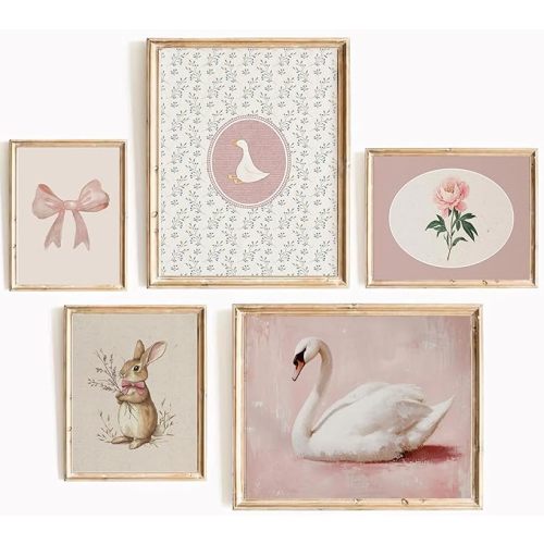 YUFXSTZV 5Pcs Vintage Pink Nursery Wall Art Pink Bow Wall Decor Flowers Animal Canvas Painting Bunny, Swan, Peony Prints for Nursery, Girls Bedroom Kids Room Picture Unframed