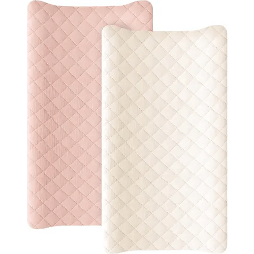 Konssy Waterproof Muslin Changing Pad Cover 2 Pack, Quilted Cotton Fitted Diaper Chang Table Cover, Soft Changing Pad Sheets for Girls Boys (Pink, Cream)