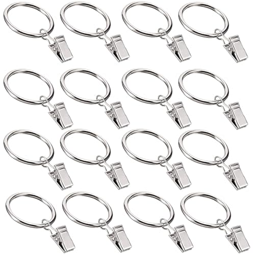 16 Pack Curtain Rings with Clips, Window Clip Rings Curtain Hooks Hangers Clip Rings for Hanging Drapery Drapes Bows, Mini 1 Inch Diameter, Fits up to 5/8" Rod, Silver