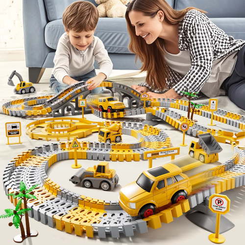 236 PCS PCS Construction Race Track Toys, DIY Construction Race Track Set for Kids - Flexible Assembly with Various Models, Construction Vehicles & Accessories, Perfect Educational Toy for Boys &