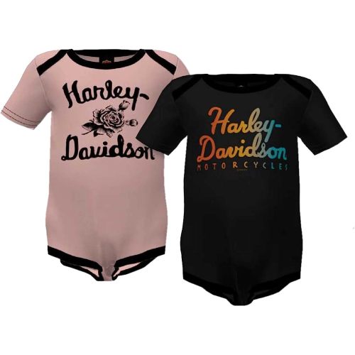 Harley-Davidson Baby Girls' 2-Pack Rainbow Foil Rib Creeper Set - Black/Pink