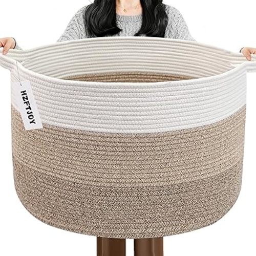 65L Large Blanket Basket,Woven Rope Laundry Basket Hamper with Handles,Decorative Nursery Basket Storage Bin for Toys, Pillows, Clothes Organizer, Living Room, Bedroom, Bathroom, Brown