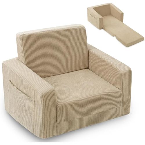 Kids Chair and Couch, 2-in-1 Fold-Out Kids Sofa, Soft Convertible Seating, Comfy Kids Chair for Boys and Girls,Beige