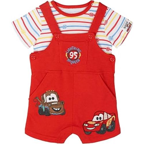 Disney Baby French Terry Short Overalls, T-Shirt and Hat 3 Piece Outfit Set Newborn to Infant Sizes (0-24 Months)