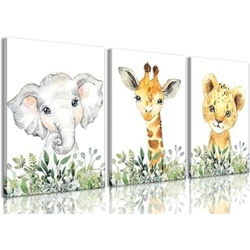 Wodkwq Safari Nursery Wall Art Baby Animal Canvas Prints Girl Boy Room Decor Poster Toddler Room Decoration Jungle Watercolor Painting Pictures Set of 3 for Kids Bedroom Bathroom 12x16in Framed